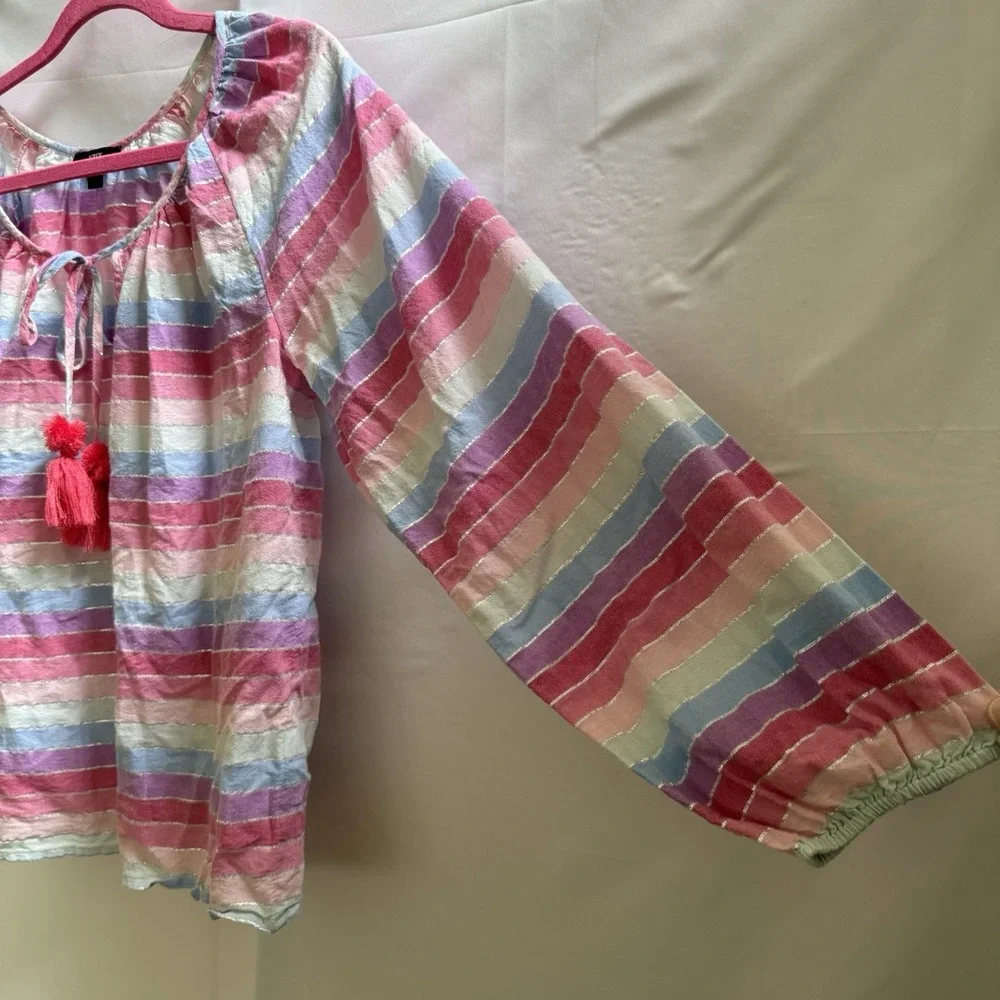J. Crew Jack Metallic Stripe Peasant Top Tassel Tie Neckline Rainbow M Pastel